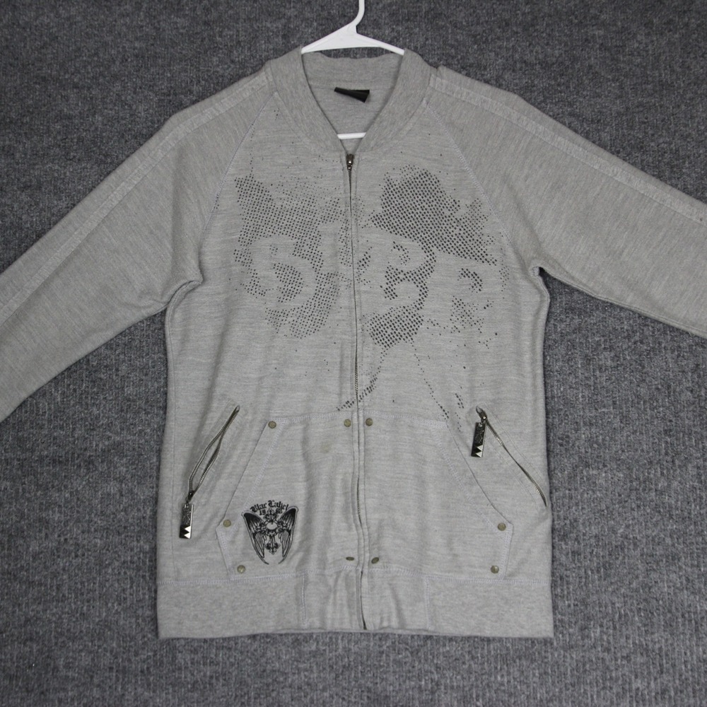 Blaq Label Skull Graphic Zip Up Jacket Womens Medium Gray Punk‎ Rock Biker